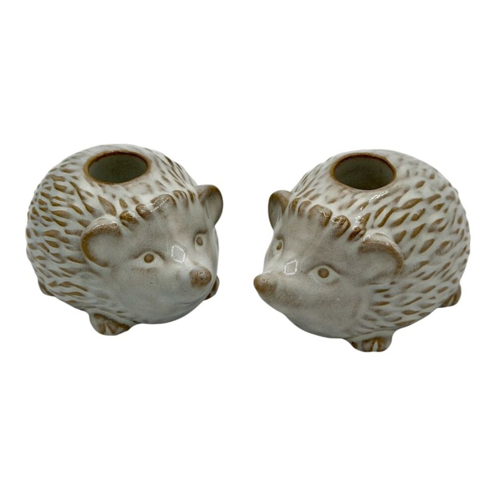 Hedgehog Taper Candle Holders Pair Ceramic Fall Home Decor New